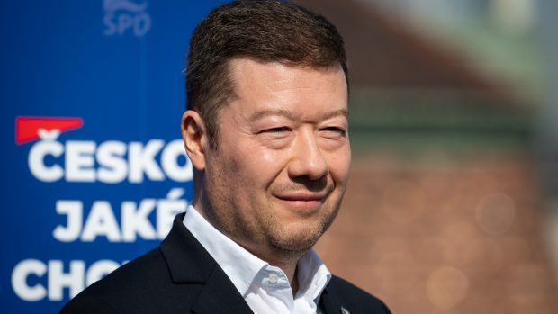 Předseda hnutí SPD Tomio Okamura na tiskové konferenci k oznámení koalice do sněmovních voleb